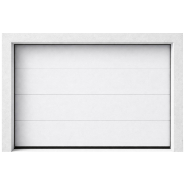Slett hvit garasjeport, her med 4 elementer