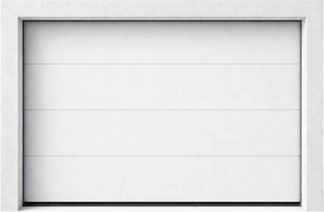 Slett hvit garasjeport, her med 4 elementer